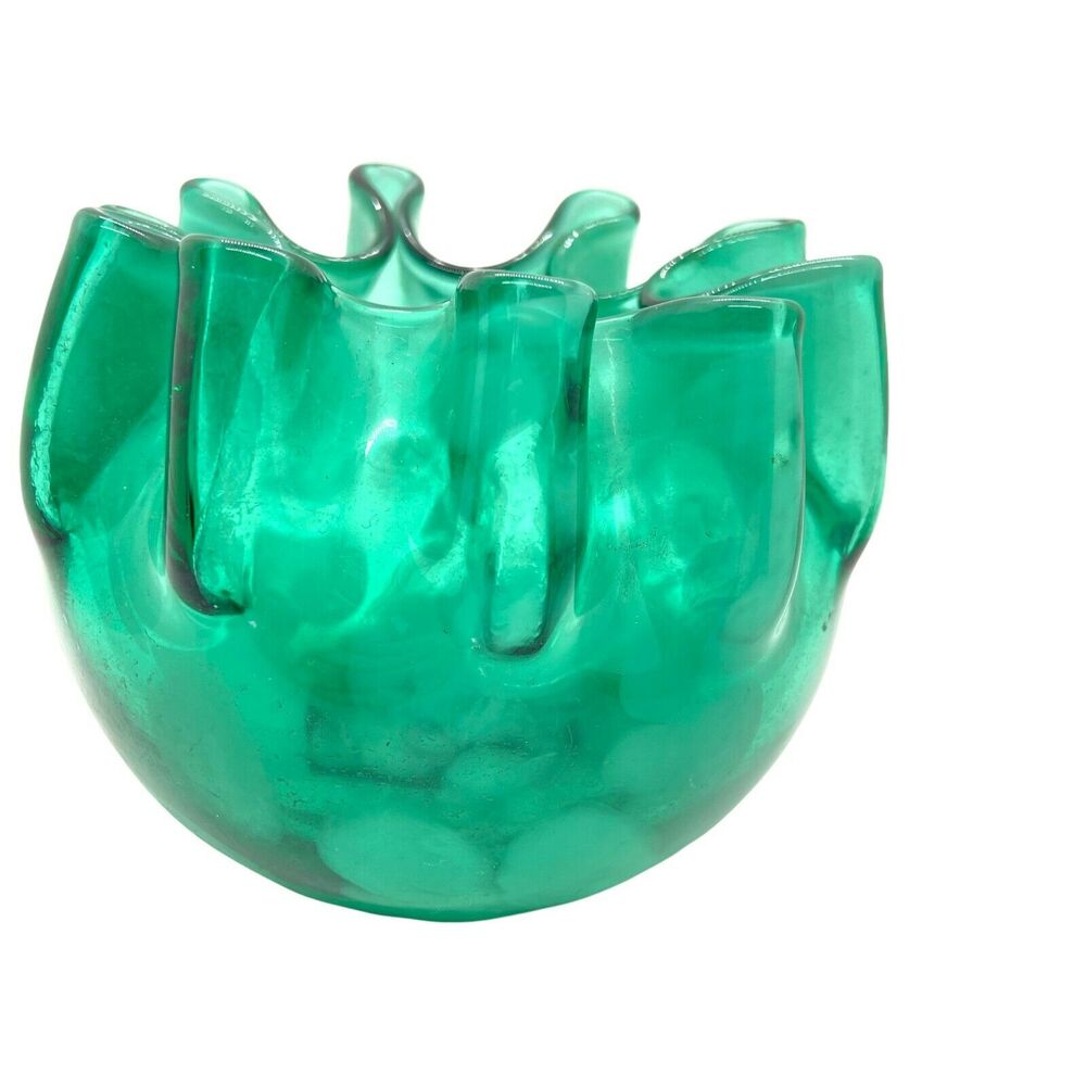 Art Glass Pinch Pot Vase Bowl Handmade Green Hand Blown Decorative Heavy